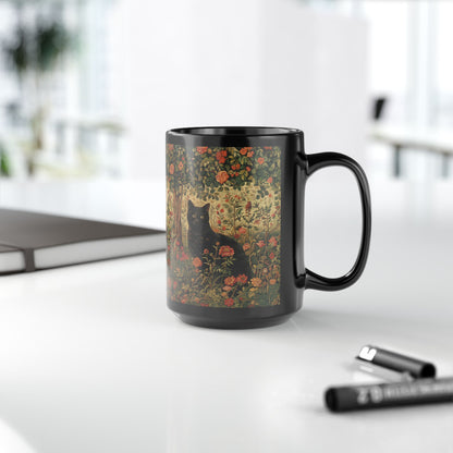 Black Cat Floral Mug, William Morris Style Botanical Cat Coffee Mug, Dark Academia Black Ceramic Mug 11oz & 15oz