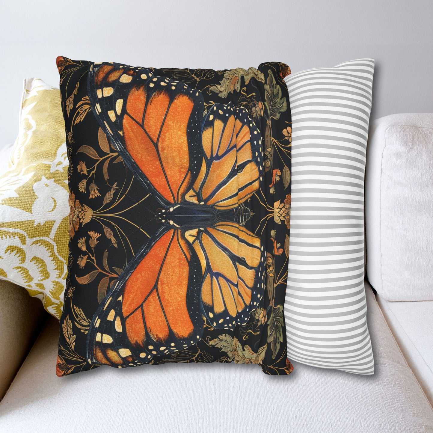 Woodland Monarch Butterfly Floral Botanical in the Style of William Morris Pillowcase