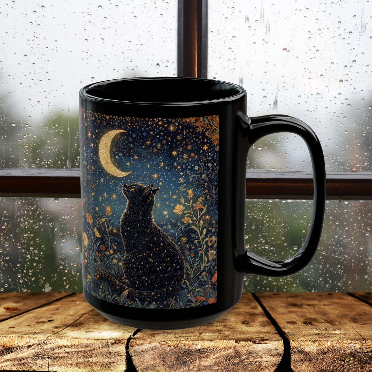 Mystical Black Cat Moon Mug, Celestial Floral Night Garden Coffee Cup 11oz & 15oz, Witchy Starry Magic Cat Lover Gift
