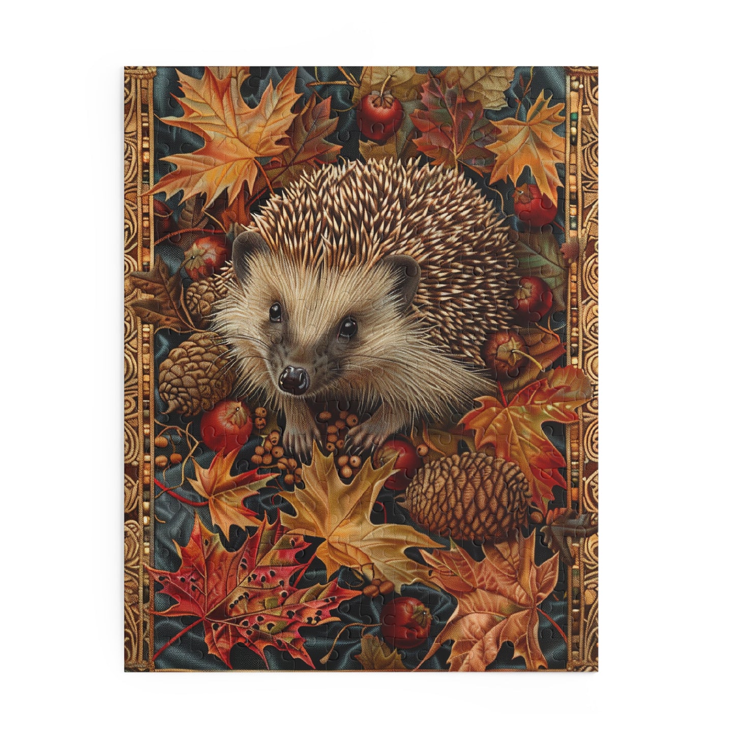 Hedgehog Fall Leaves William Morris Inspired Puzzle Box (120, 252, 500-Piece) Family Jigsaw Puzzle, Puzzle Box Gift