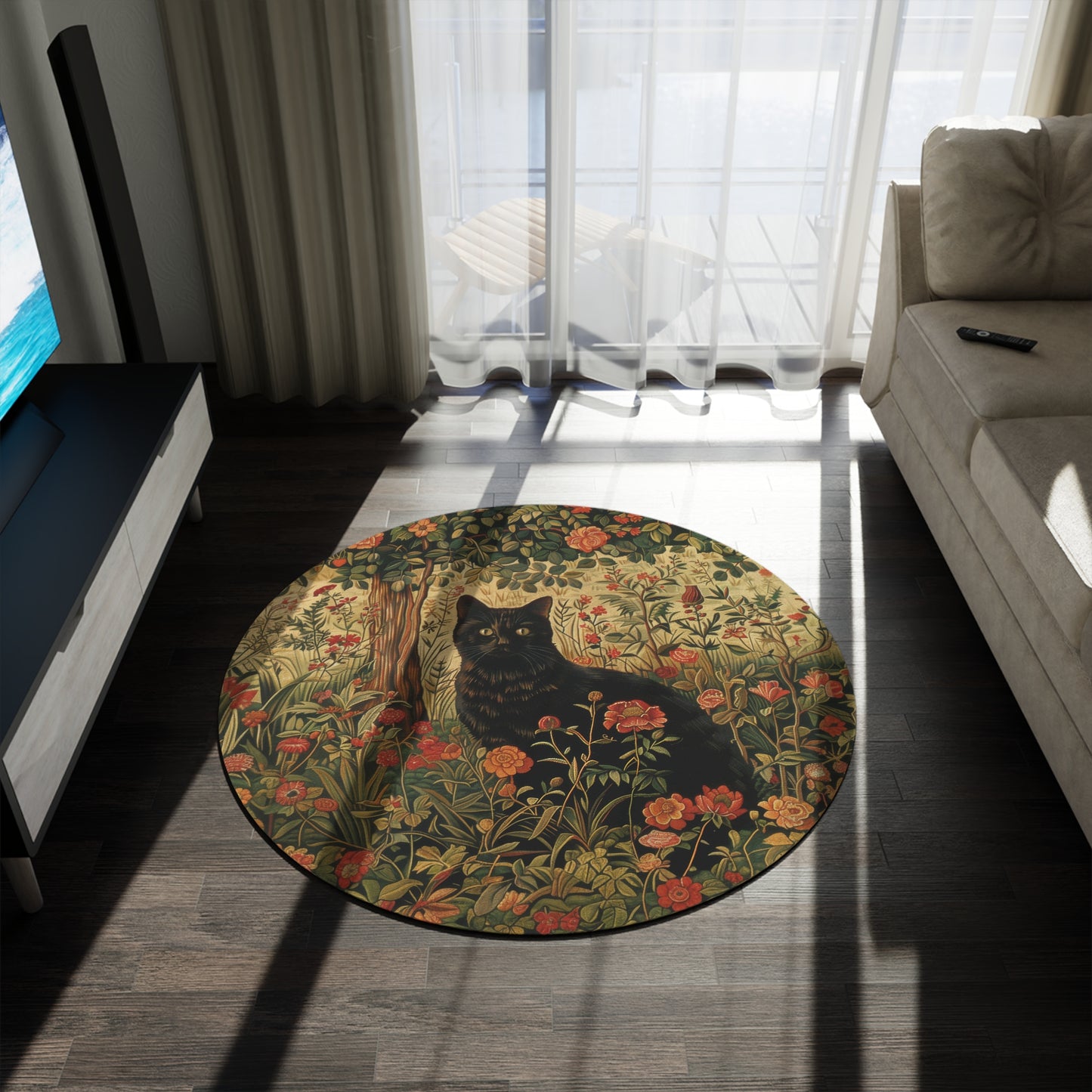 William Morris Inspired Black Cat Art Nouveau Round Area Rug, Cozy Home Decor Carpet