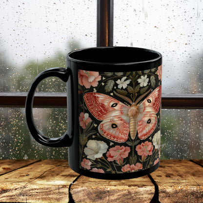 Woodland Pink Primrose Moth William Morris Inspired Black Coffee Mug For Her Him Ceramic Mug Black Mug 11oz, 15oz