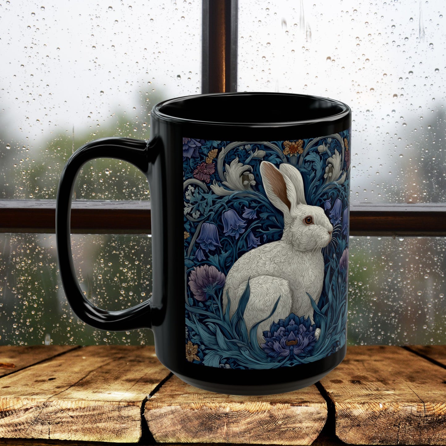 Rabbit Floral Black Mug, Vintage William Morris Style Bunny Coffee Cup (11oz/15oz)