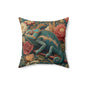 Teal Chameleon Floral Pillow, William Morris Style Lizard Cushion with Vintage Botanical Design
