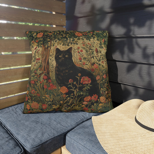 Black Cat Garden Outdoor Pillow, Floral Cat Throw Pillow, Cottagecore Animal Cushion, Vintage Botanical Decor, Patio Accent Pillow