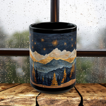 Mountain &amp; Pine Trees Black Coffee Mug, Carved Wood Style Landscape, Starry Night Moonlit Forest Cup, Nature Lover Gift (11oz/15oz)