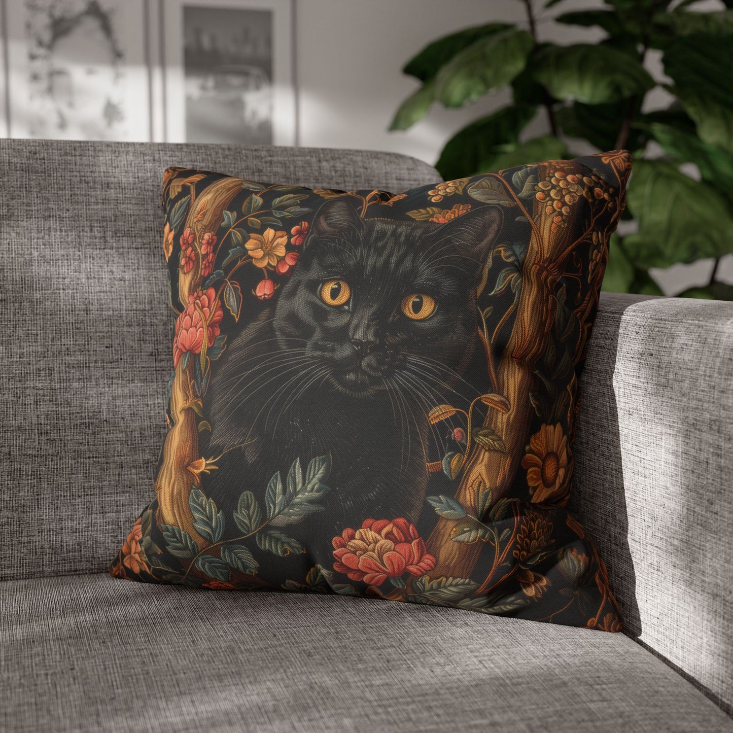 Black Cat Pillowcase Gothic Floral Cushion with Woodland Flowers, Mystical Feline Home Décor