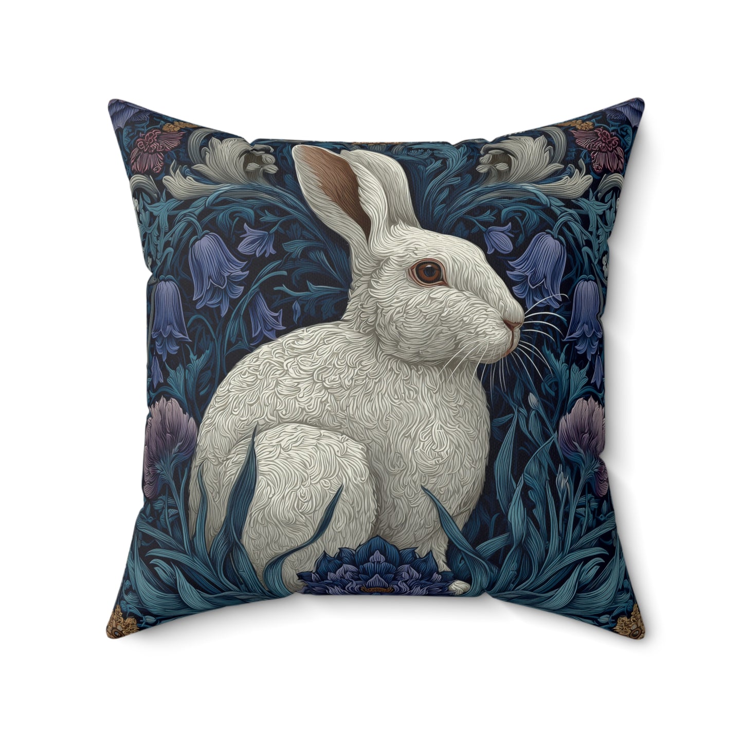 White Rabbit Floral Pillow, William Morris Style Botanical Bunny Cushion for Cozy Home Décor