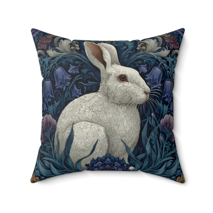 White Rabbit Floral Pillow, William Morris Style Botanical Bunny Cushion for Cozy Home Décor