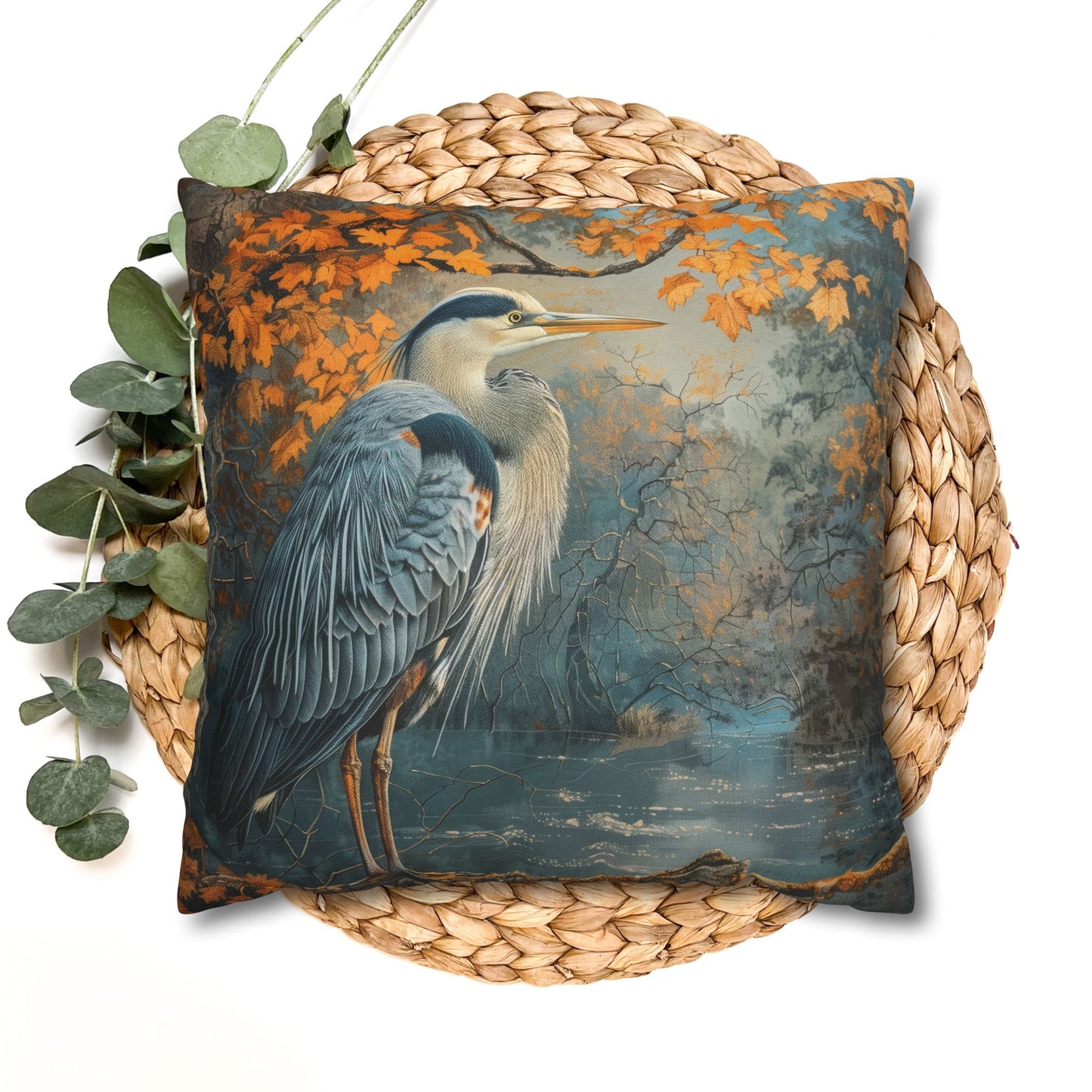 Autumn Heron Throw Pillowcase: Rustic Lake Scene Wildlife Decor