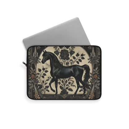 Black Stallion Laptop Sleeve, William Morris Inspired Vintage Horse Art Case, Elegant Floral Laptop Cover (12”, 13”, 15”)