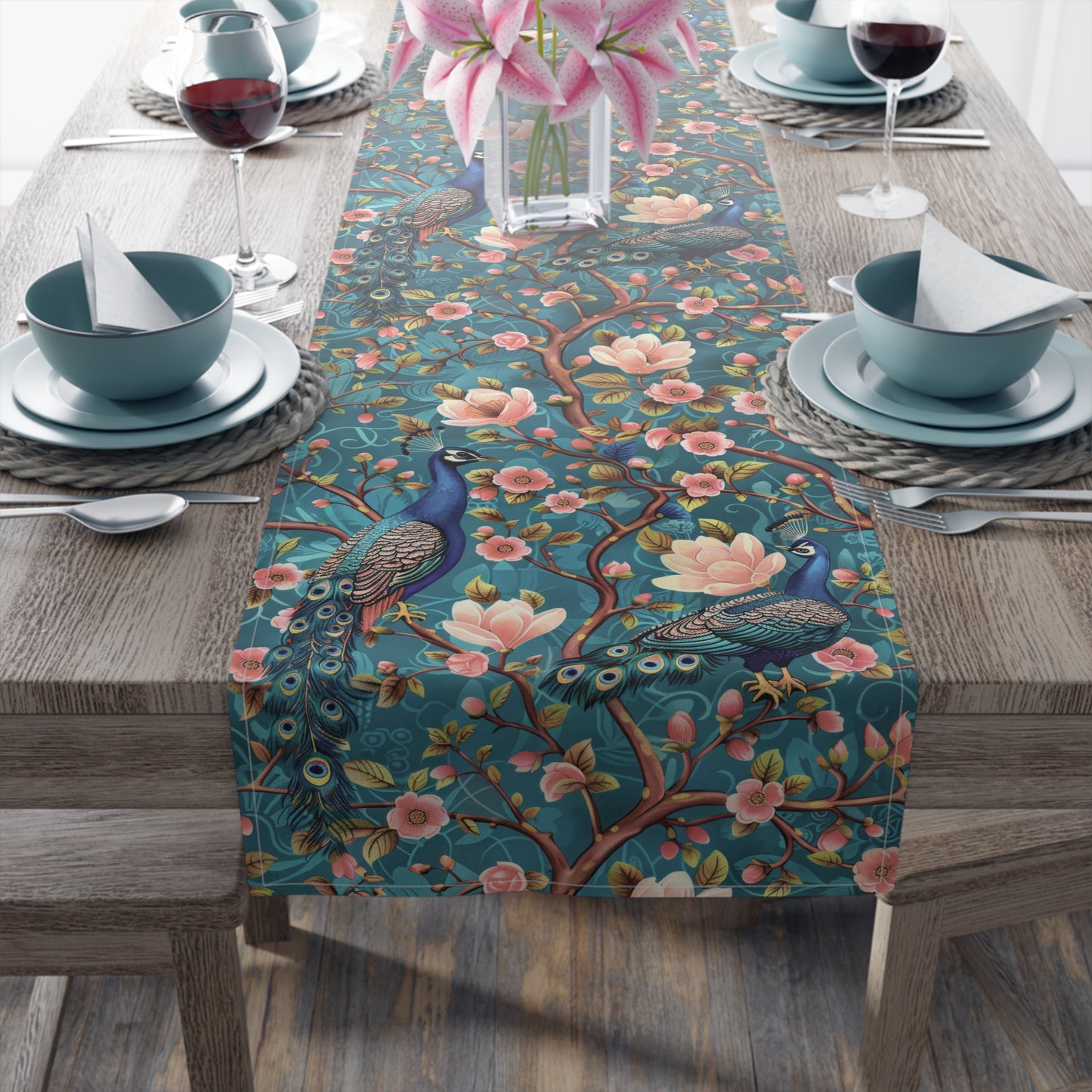 Kalevala Chinoiserie Pink Flowers Peacocks Home Decor Table Runner, Cotton Poly Fabric, Dining Room Kitchen Linens