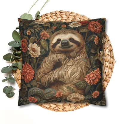 Botanical Sloth Pillowcase, Cozy Woodland Animal Cushion, William Morris Inspired Floral Throw Pillowcase