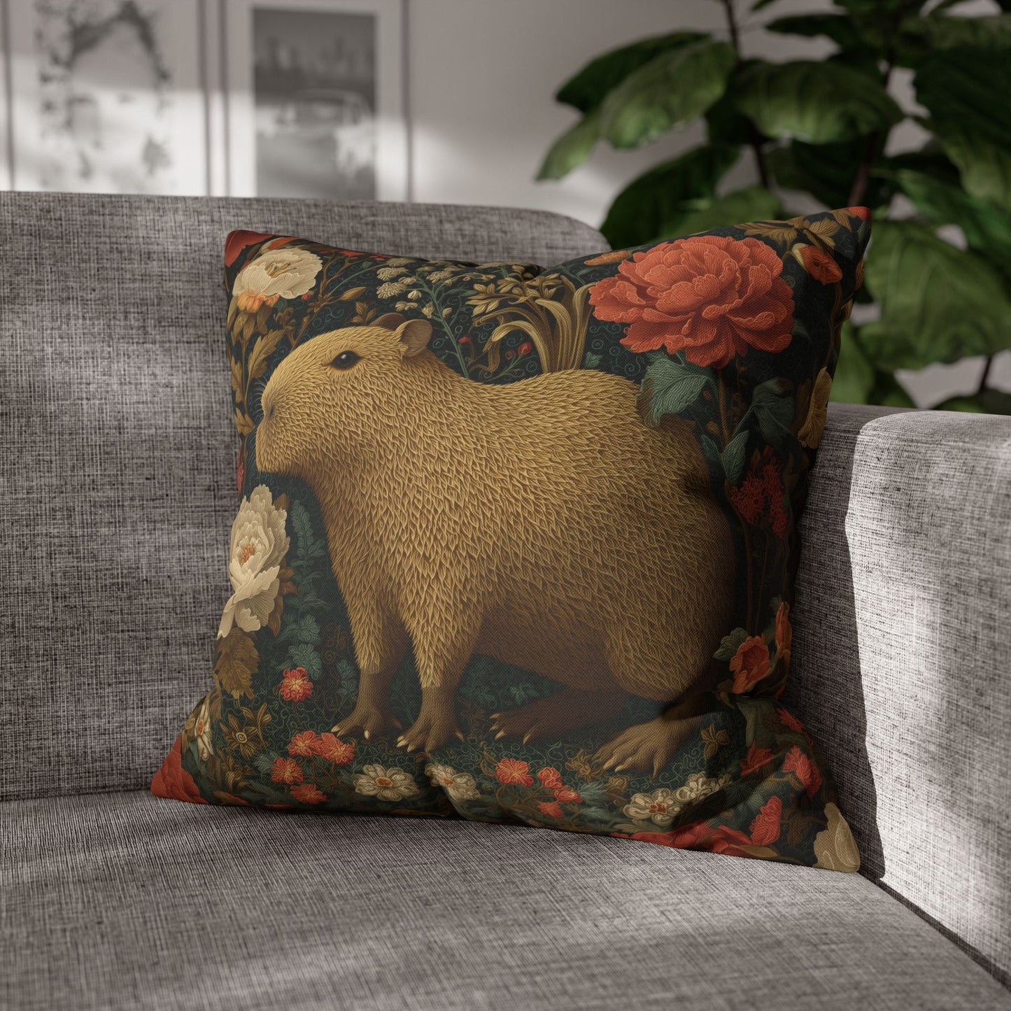Capybara Vintage Floral Garden Pillowcase, William Morris Style Animal Cushion Pillowcase