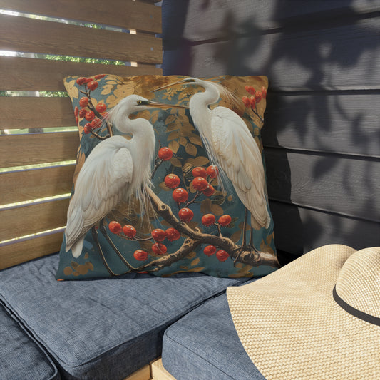 Chinese Style Egret Bird Outdoor Pillow, Vintage Botanical Throw Pillow, Red Berry Nature Cushion, Asian Art Patio Decor, Cottagecore Accent Pillow