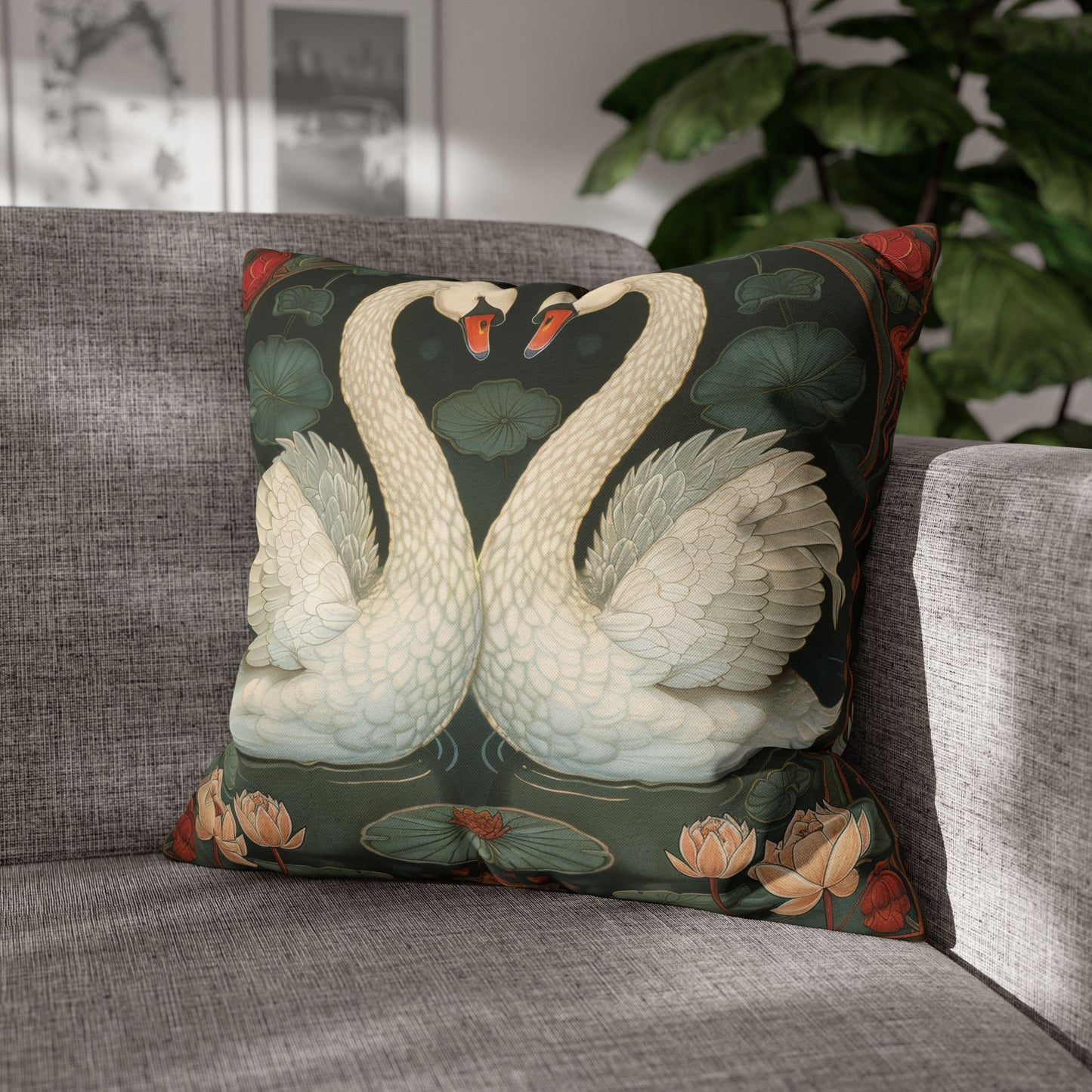 Art Nouveau White Swans Lotus Flowers Pillowcase