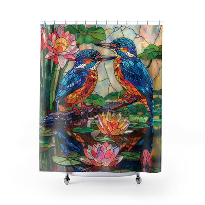 Faux Stained Glass Kingfishers and Water Lilies, Polyester Shower Curtain