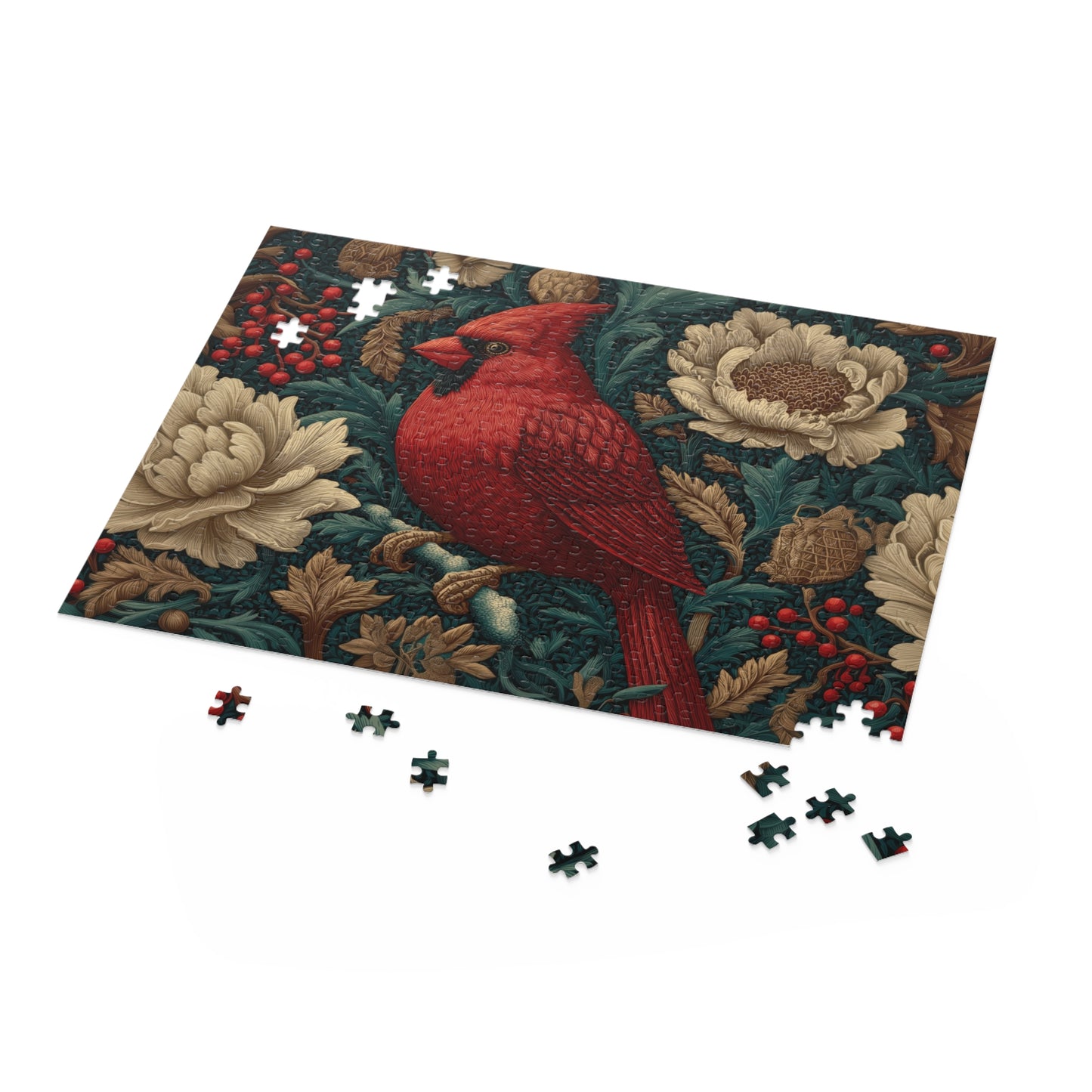 Red Cardinal Floral Puzzle, William Morris Inspired Botanical Jigsaw for Family