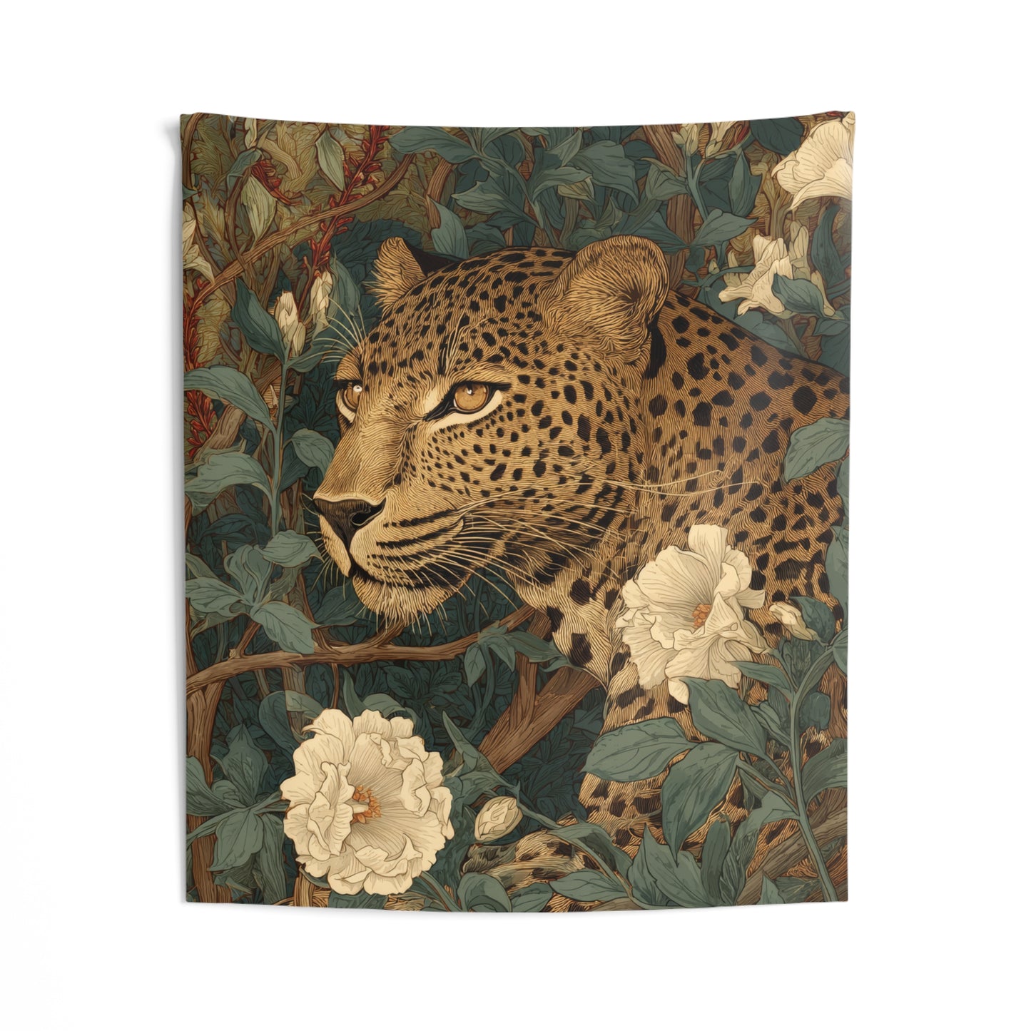 Vintage Leopard Botanical Tapestry, Elegant Jungle Floral Wall Hanging
