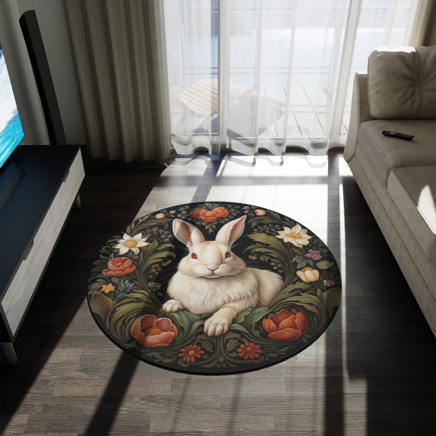 William Morris Inspired Botanical White Rabbit Home Decor, Rabbit Round Area Rug