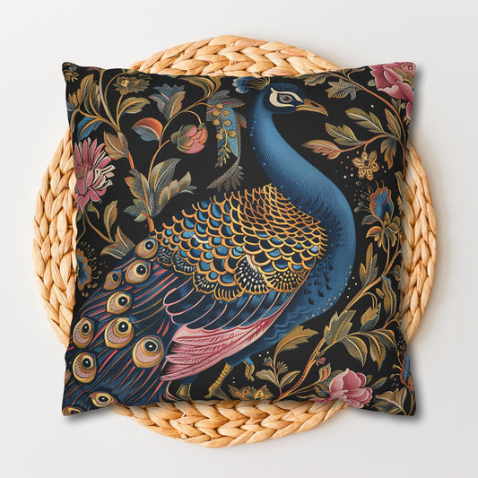 William Morris Inspired Peacock Pillowcase, Forest Floral Art, Peacock Spun Polyester Square Pillowcase