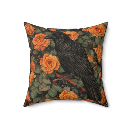 Raven Orange Roses Gothic Throw Pillow | William Morris Inspired Raven Halloween Pillow Decor