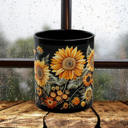 Sunflowers Pattern Embroidery Mug Black Mug (11oz, 15 oz)