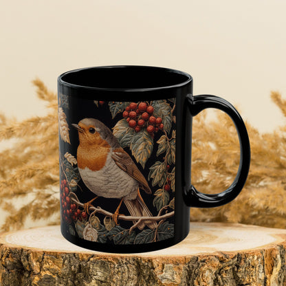 Winter Robin Black Coffee Mug, Red Berries Bird Art Cup, Woodland Nature Lover Gift, Christmas Tea Mug, Cozy Wildlife Ceramic (11oz/15oz)