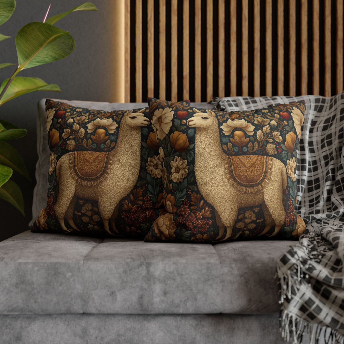 Golden Alpaca Floral Pillowcase, William Morris Style Botanical Animal Cushion Home Décor