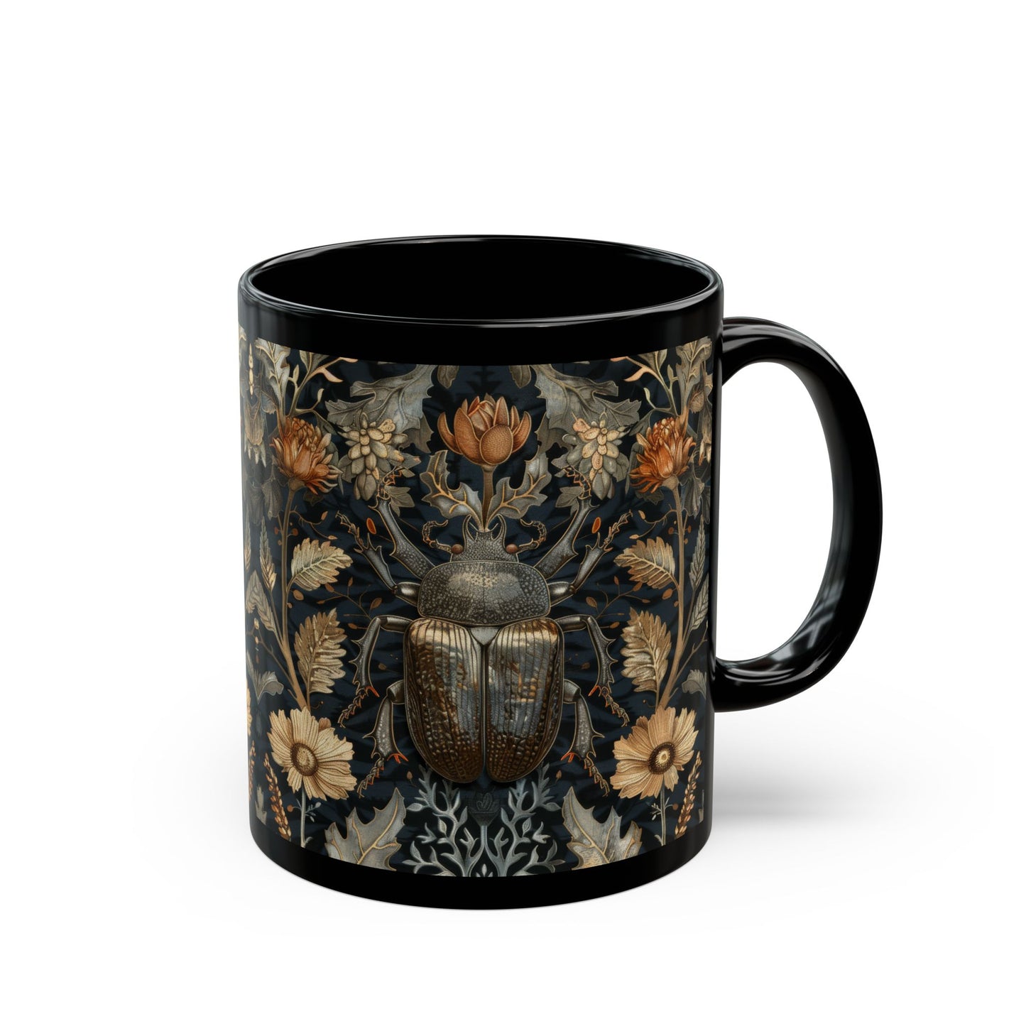 William Morris Inspired Beetle Botanicals Black Coffee Mug (11oz, 15 oz) Insect Lover Gift, Nature Garden Decor