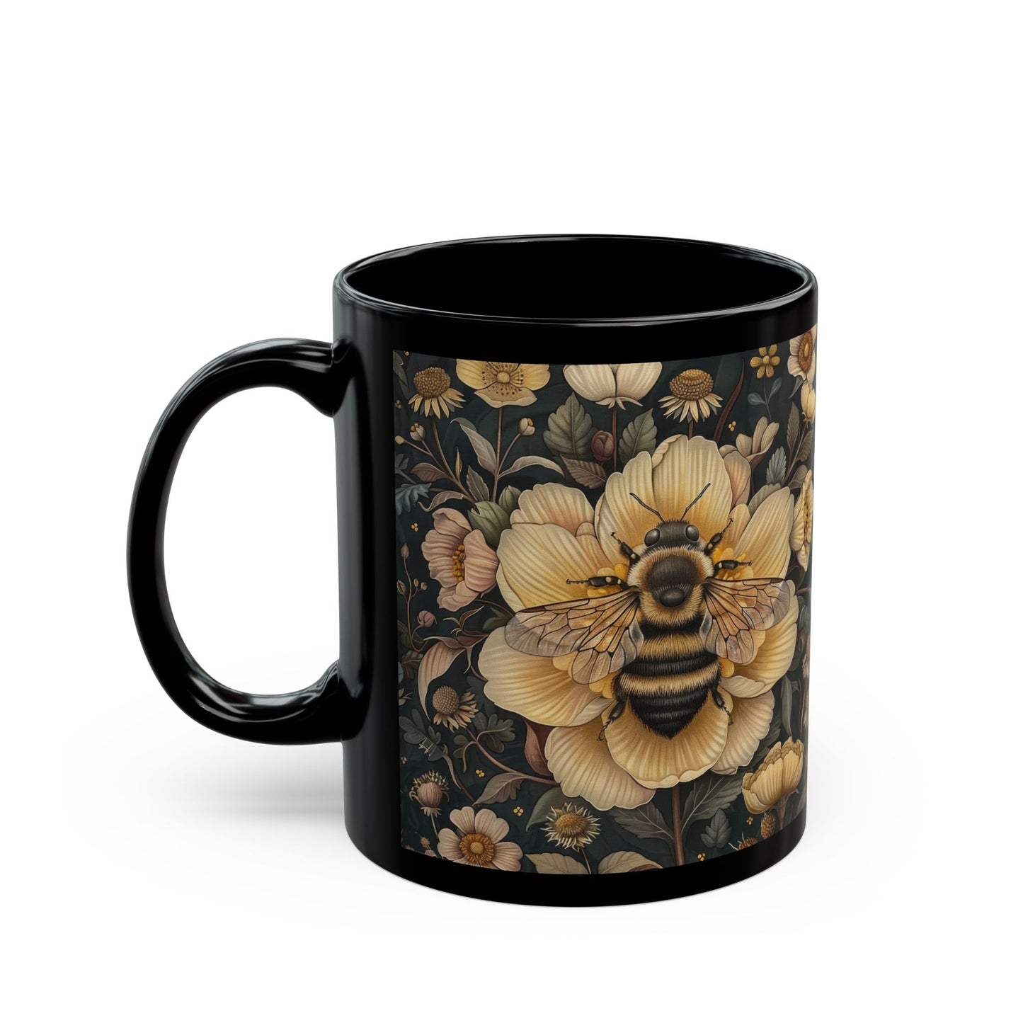 Botanical Bumblebee William Morris Inspired Black Coffee Mug For Her Him Ceramic Mug Black Mug 11oz, 15oz