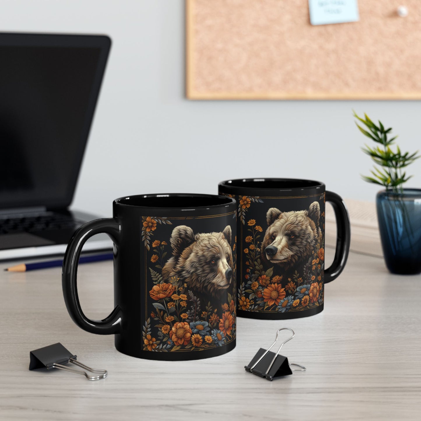 William Morris Inspired Floral Mama Bear Black Coffee Mug 11oz, 15 oz