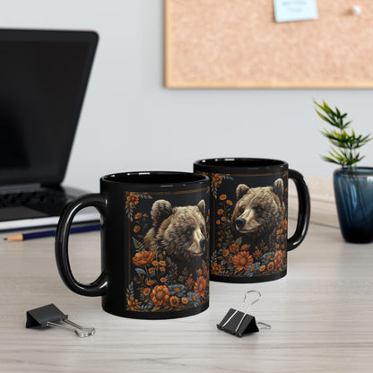 William Morris Inspired Floral Mama Bear Black Coffee Mug 11oz, 15 oz