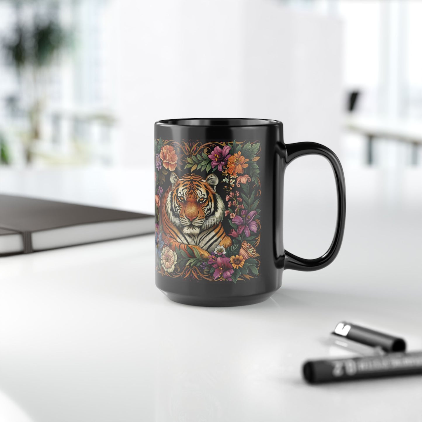 Tropical Tiger William Morris Inspired Black Coffee Mug For Her Him Ceramic Mug Black Mug  11oz, 15oz