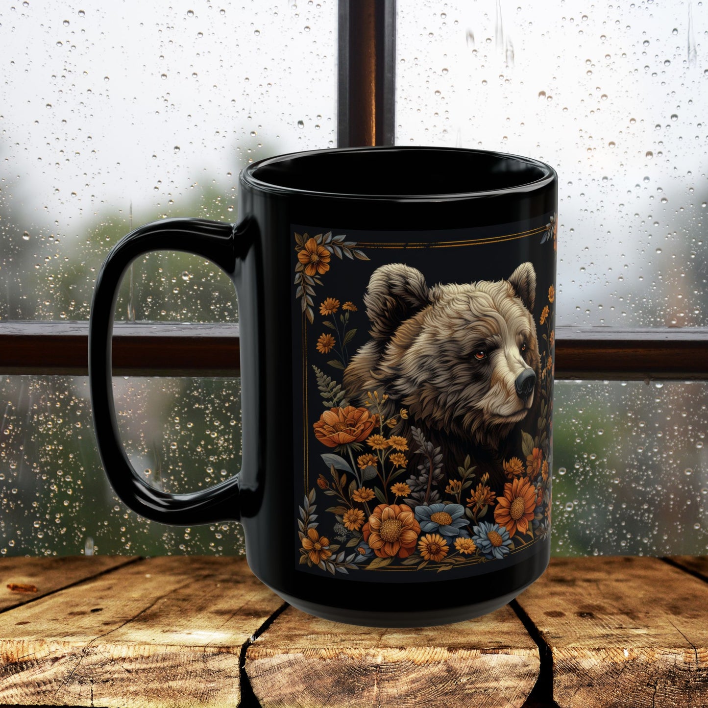 William Morris Inspired Floral Mama Bear Black Coffee Mug 11oz, 15 oz