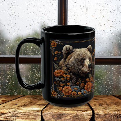 William Morris Inspired Floral Mama Bear Black Coffee Mug 11oz, 15 oz
