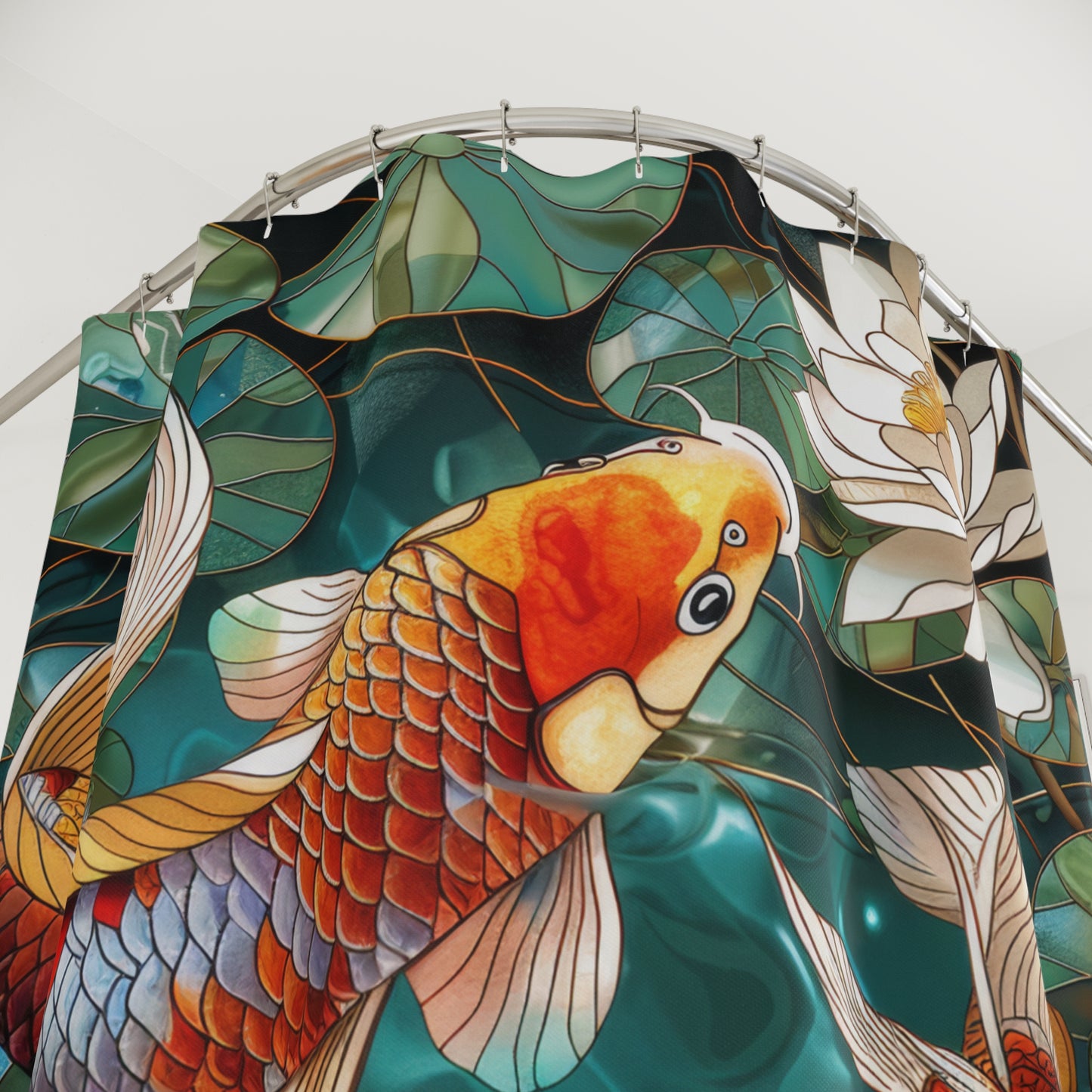 Faux Stained Glass Koi Fishes Water Lily Polyester Shower Curtain