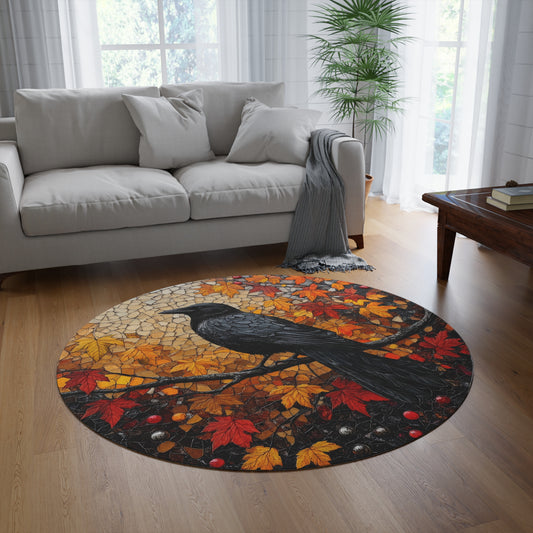 Mystical Raven Autumn Art Mosaic Round Area Rug | Elegant Fall-Inspired Living Room Home Decor Rug