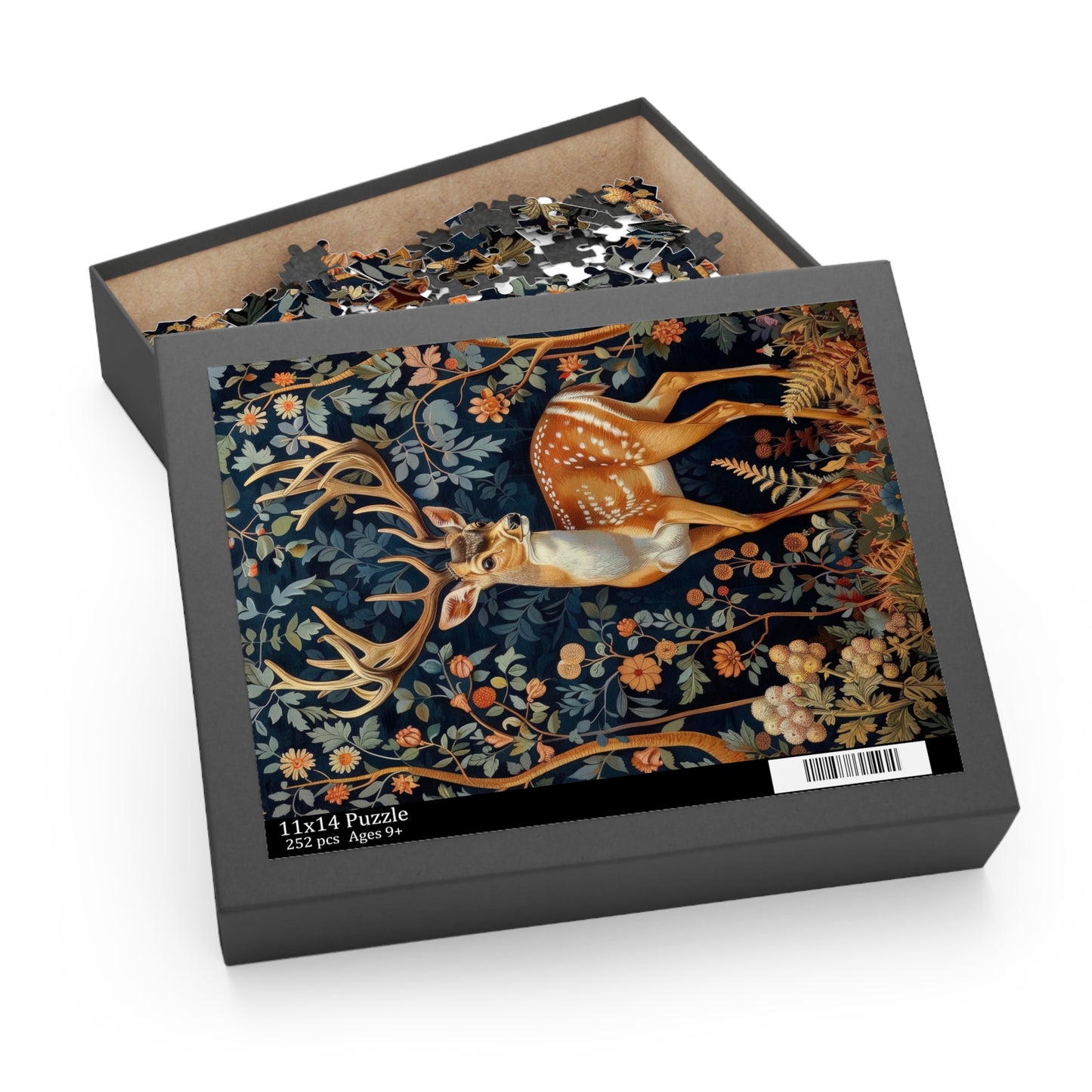William Morris Inspired Forest Reindeer Puzzle Box (120, 252, 500-Piece) Family Jigsaw Puzzle, Puzzle Box Gift
