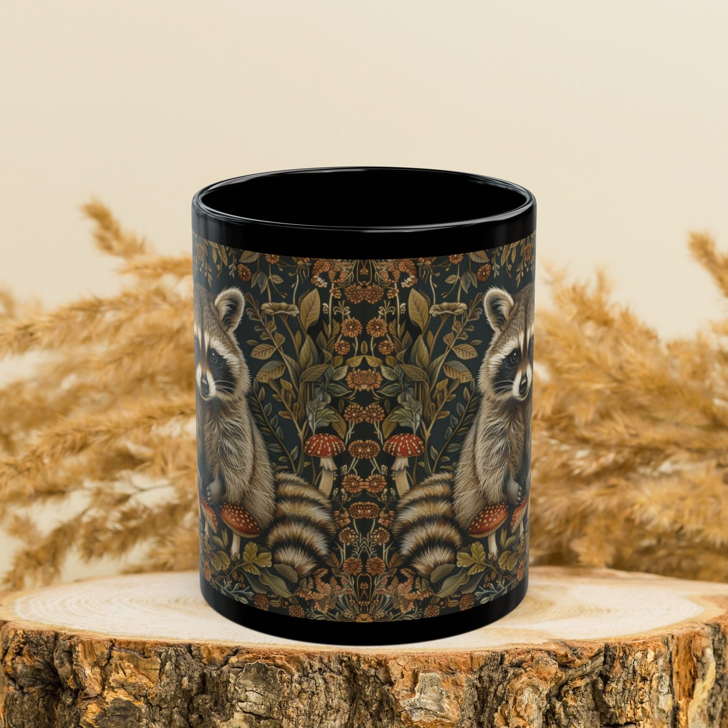 William Morris Inspired Raccoon Wild Mushroom Black Mug (10oz, 15oz)