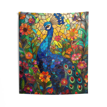 Tapestry of Peacock Faux Stained Glass, Vibrant Psychedelic, Art Wall Tapestries