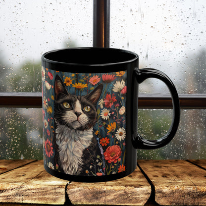 Tuxedo Cat Floral Mug, Vintage Botanical Cat Coffee Mug, William Morris Inspired Black Ceramic Mug 11oz & 15oz