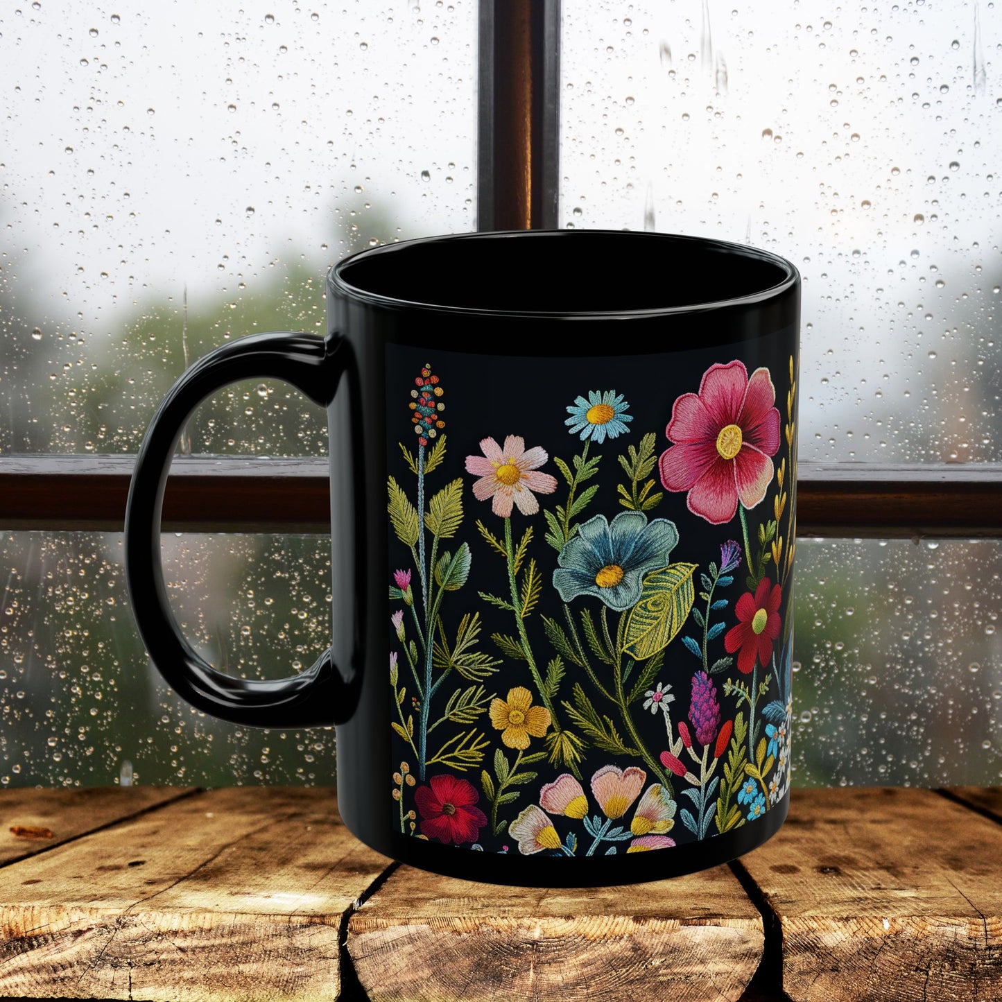 Embroidery Beautiful Wildflowers Black Coffee Mug, Wildflowers Kitchenware Black Mug 11oz, 15oz ,