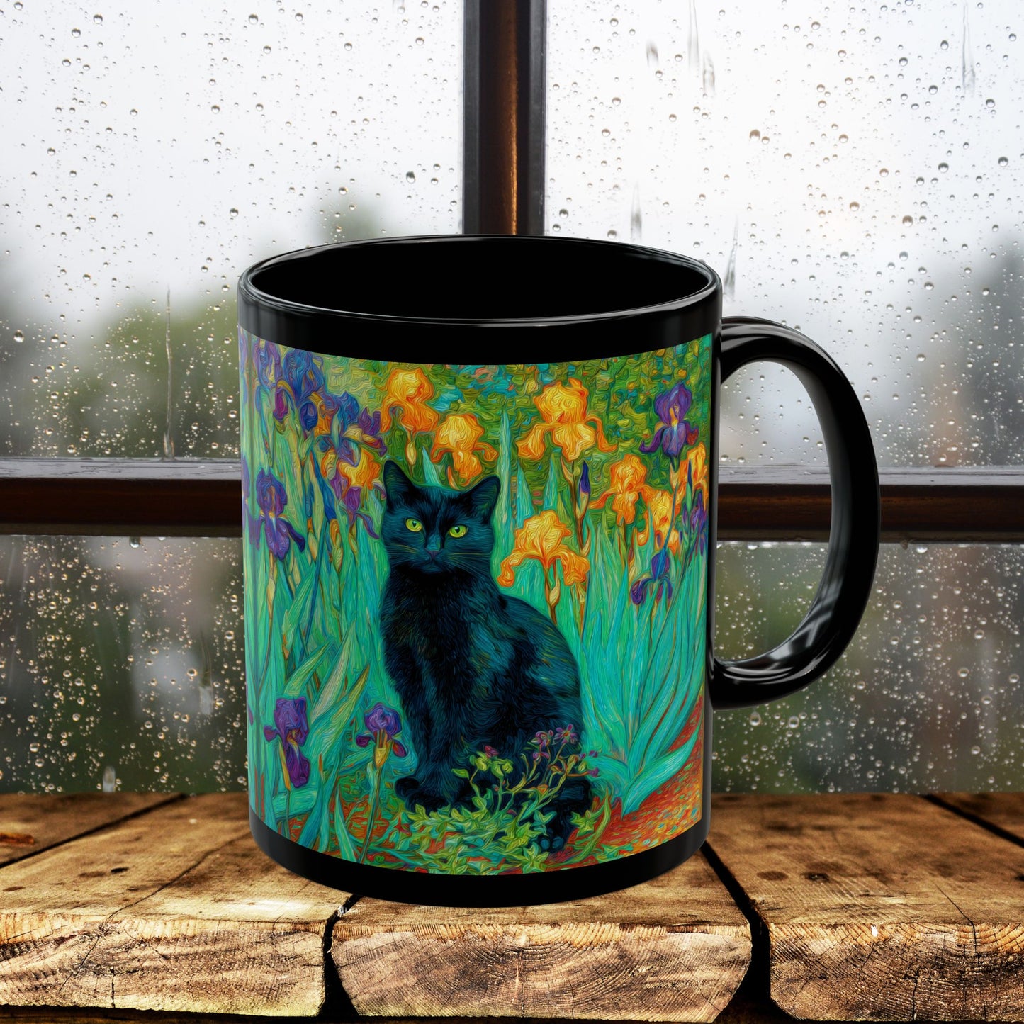 Black Cat Iris Mug, Van Gogh Inspired Cat Art Mug, Colorful Impressionist Floral Black Ceramic Mug, Artistic Cat Lover Gift, 11oz & 15oz