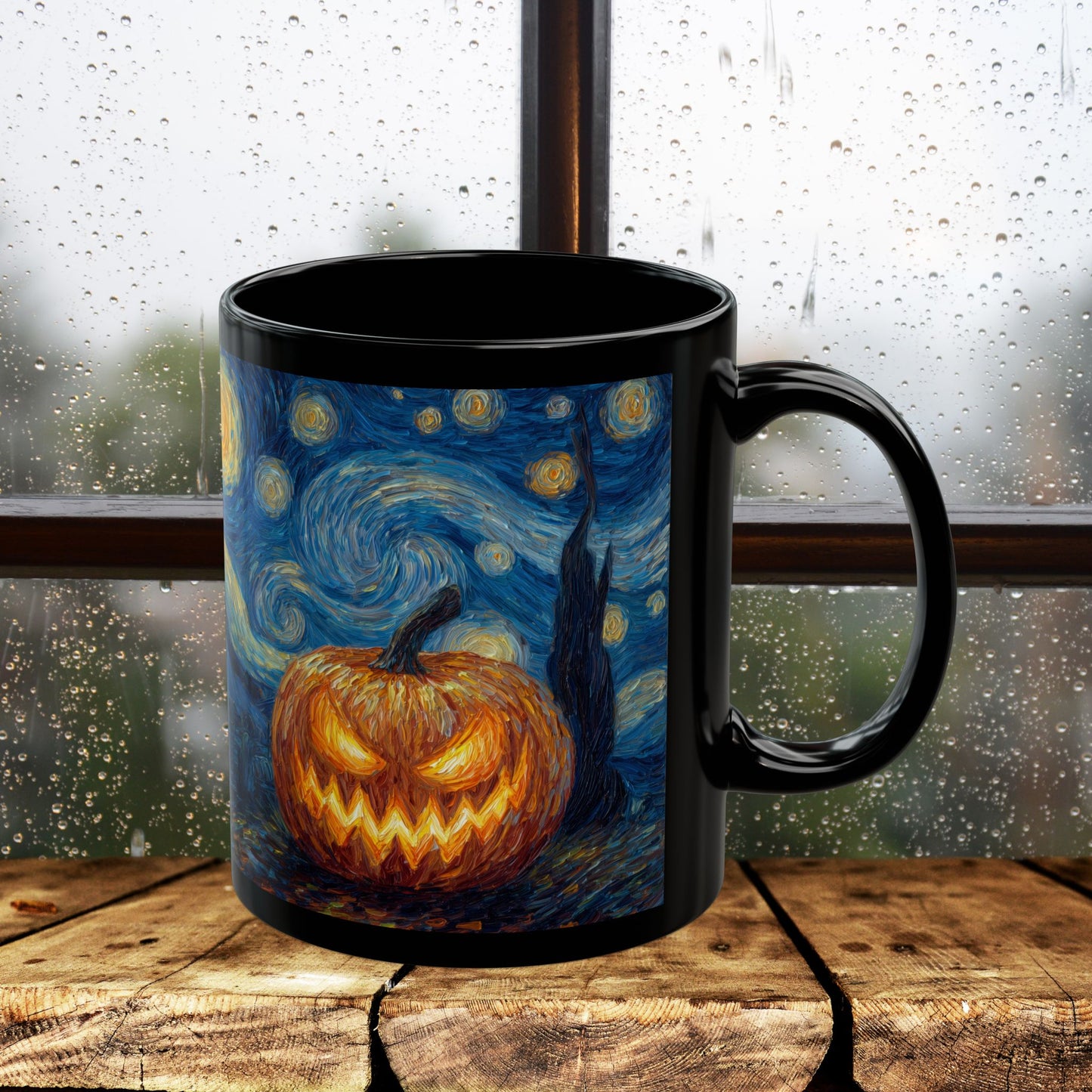 Halloween Pumpkin Art Mug, Black Mug for Halloween Decor, Starry Night Inspired, Spooky Coffee Cup, Gift for Pumpkin Lovers