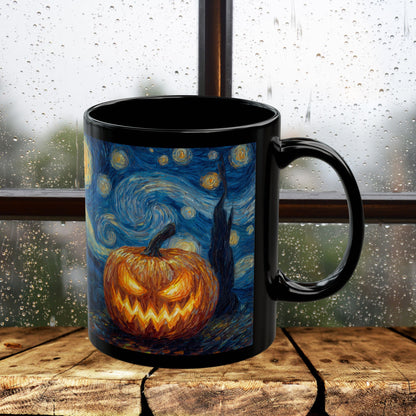 Halloween Pumpkin Art Mug, Black Mug for Halloween Decor, Starry Night Inspired, Spooky Coffee Cup, Gift for Pumpkin Lovers