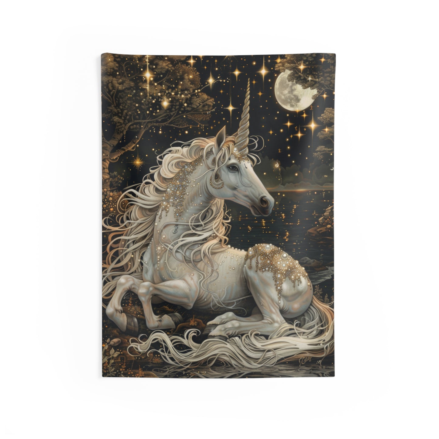 Victorian White Pearl Unicorn Whimsical Night William Morris Inspired Tapestry Wall Art