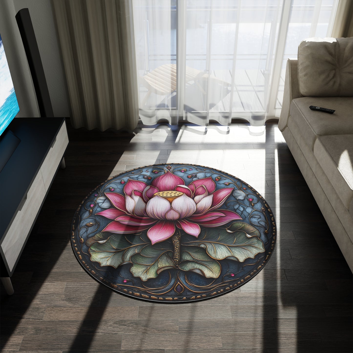 Pink Lotus William Morris Inspired Round Area Rug, Living Room & Meditation Space