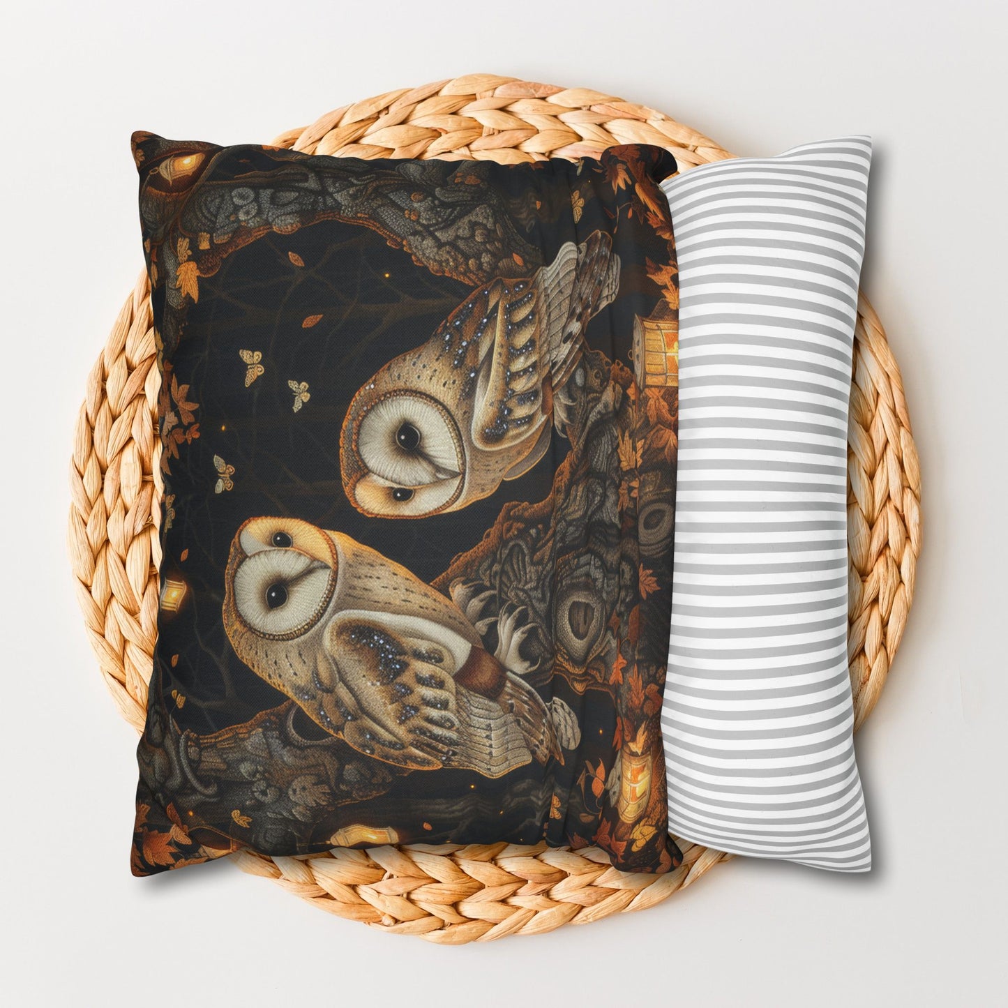 Enchanted Forest Owl Pillow, Decorative Fall Square Pillowcase