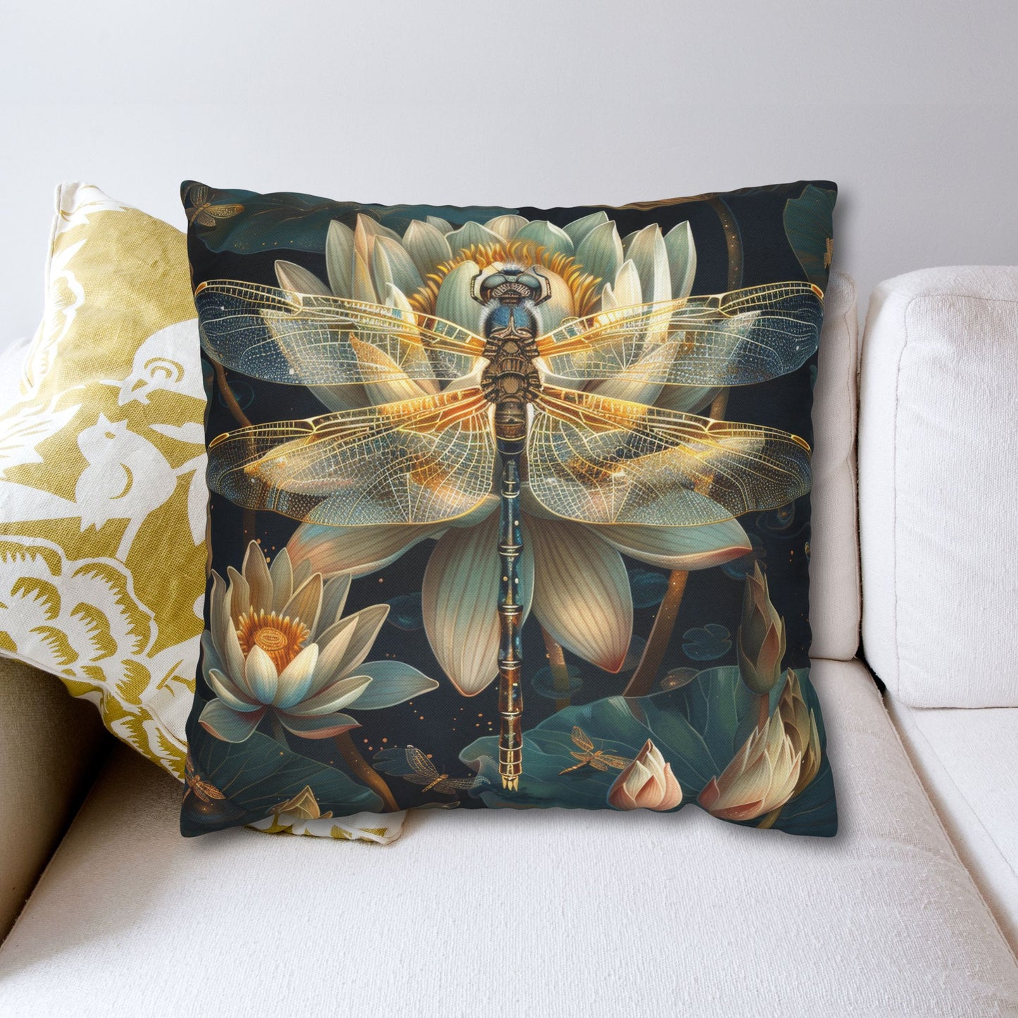 Art Deco Dragonfly White Water Lily Pillowcase